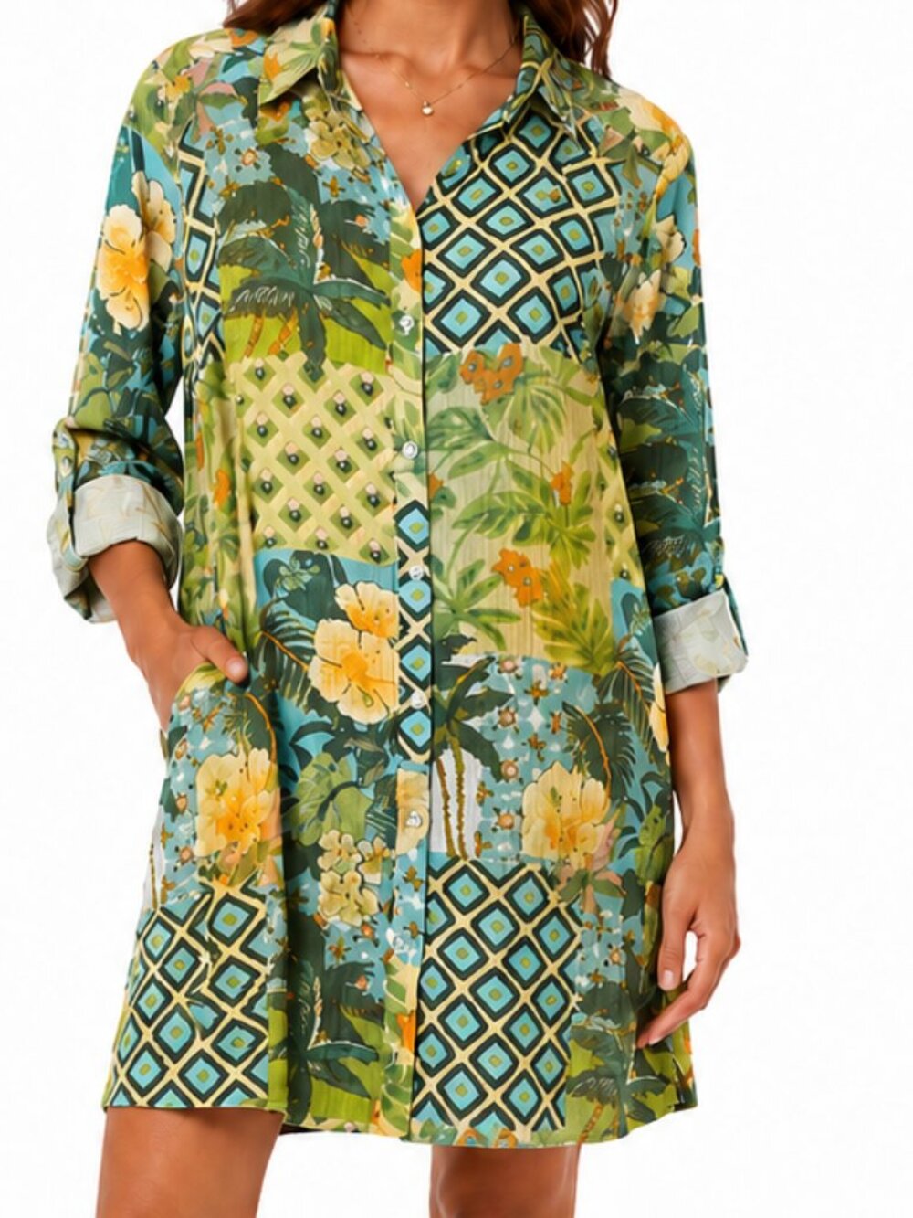 DENIM & CO Beach Cotton Gauze Patchwork Button Front Dress Cover Up Size SP NWOT